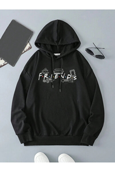 Revasser Unisex Erkek/Kadın FRIENDS Renkli Özel Baskılı Pamuklu Oversize Kapüşonlu Sweatshirt