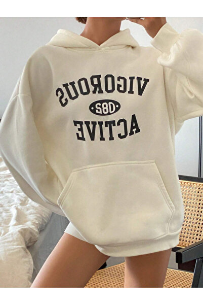 Revasser Unisex Erkek/Kadın ACTIVE Renkli Özel Baskılı Pamuklu Oversize Kapüşonlu Sweatshirt