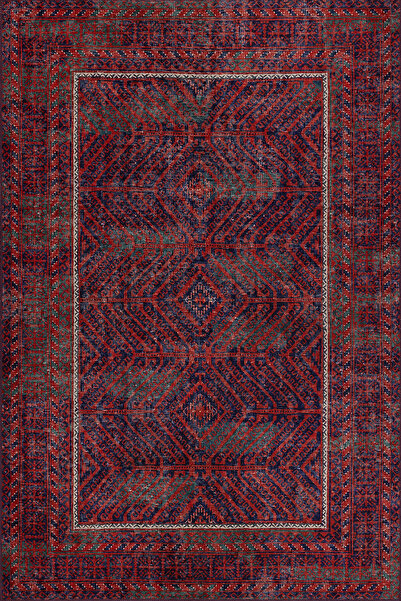 ARTLOOP Relic Kırmızı / Lacivert Vintage Dokulu Klasik Desenli Dokuma Tabanlı Şönil Halı AL 494