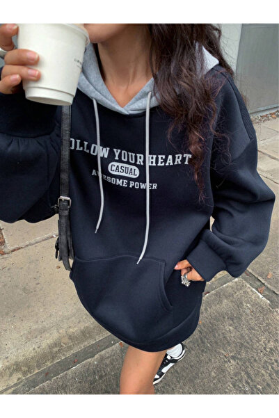 Revasser Unisex Erkek/Kadın Kapüşon Gri CASUAL Renkli Özel Baskılı Pamuklu Ov...