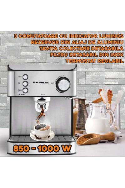 Hausberg Espressor cafea HB3725, cafea macinata, 15 bar, 850-1000 W, gri cu negru