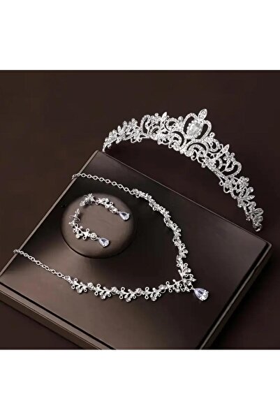 Yıldız Accessory Zirkon Taşlı Minimalist Sade Işıltılı Lüks Gelin Tacı Kolye ...