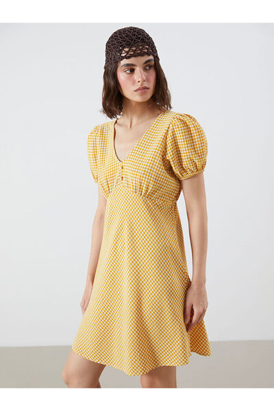 LC Waikiki Жовта картата міні-сукня з рукавами-балонами