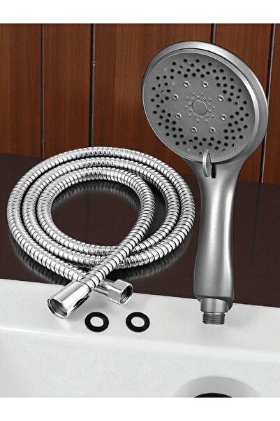 Umay Yapı Malzemeleri Tazyikli Ve Yüksek Basınçlı Antrasit Büyük Duş Başlığı Ve İp Örgülü 150 Cm Sağlam Hortum Duş Seti