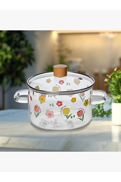 rexa Clear Heat-Resistant Glass Pot with Lid and Floral Decorations - 1.8 L - 2SS1-A05-010