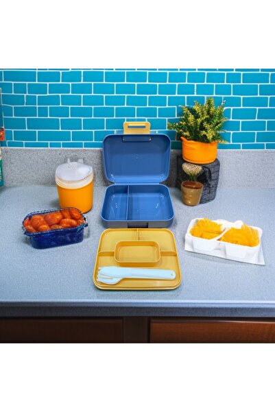 SANALTİCARETİM Two-Tier Gray Color Lunch Box Lunch Box with Fork, Knife, Spoon Set