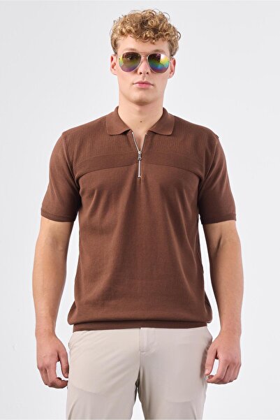 Dufy Men's Slim Fit Polo Neck Brown Knitwear T-Shirt