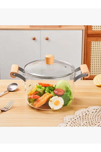 rexa Clear Heat-Resistant Glass Pot with Lid and Wooden Handle - 3.5 L - 2SS1-A05-002