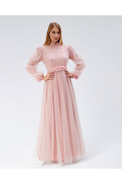 Asees Balloon Sleeve Tulle Flower Detail Evening Dress