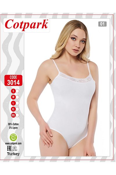 Cotpark Women's Lace Detailed Cotton Lycra Thin Strap Snap Fastener Bodysuit 3014