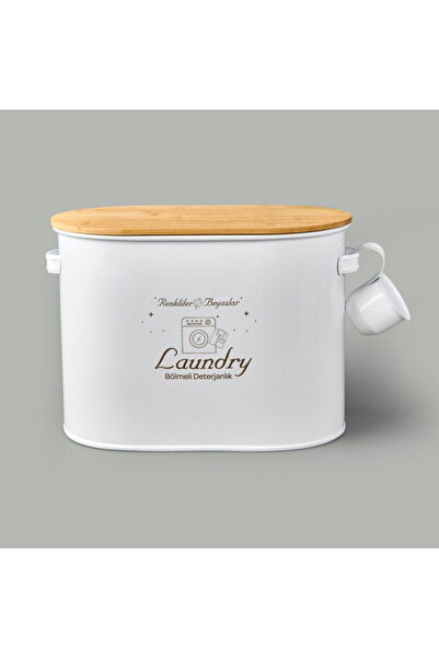 Genel Markalar Bath 2 Bölmeli Ahşap Kapaklı Metal Deterjan Kutusu - Beyaz - 12 lt
