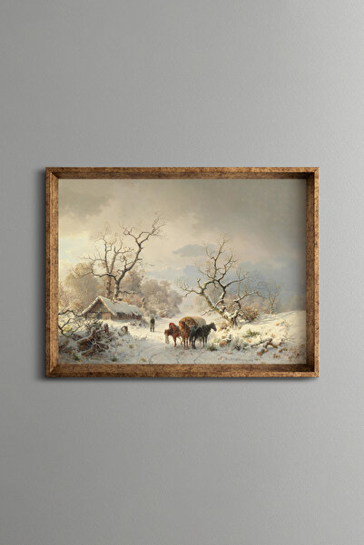 epiqart Winter Scene with Horse-Drawn Carriage - Vintage Patterned Frame