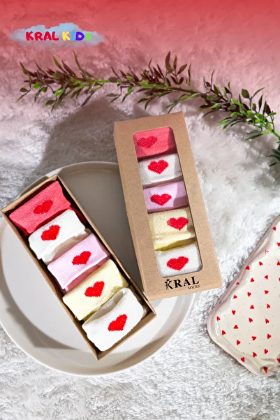 KRAL SOCKS Baby Girl Socks Set 5 Pairs – Heart Patterned – Boxed – Booties Size – Cotton