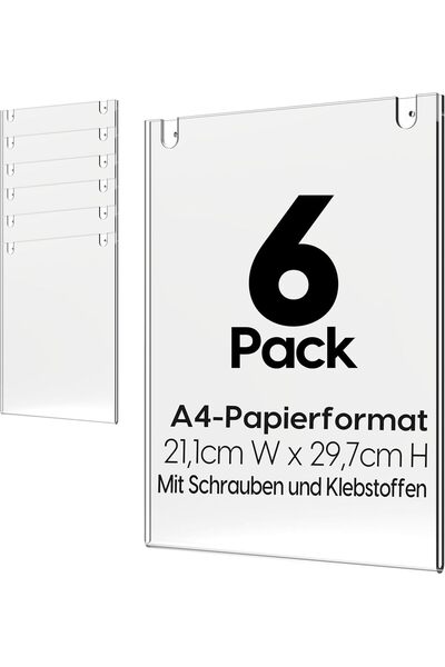 Slasa حاملات لافتات أكريليك مثبتة على الحائط A4 (6 قطع) - إطارات عمودية شفافة للإشعارات و
