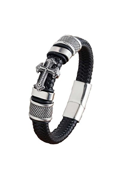 OEM Bratara barbati din piele naturala, neagra, pandantiv cruce