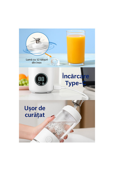 Nubiqo Portable Blender with 12 Blades, 700ml, 1500mAh Battery, USB-C Charging, Fruit and Vegetable Mixer, White