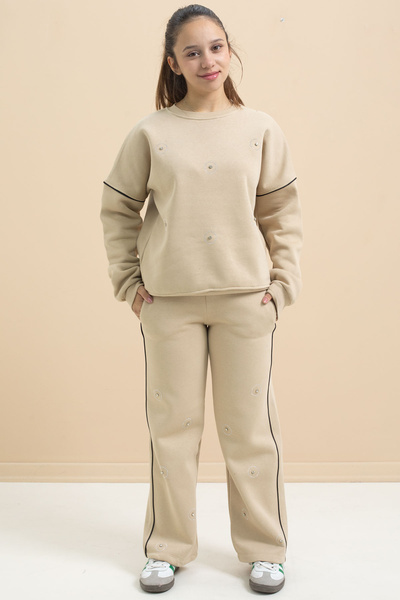 Cansın Mini Beige Sequin Embroidered Hooded Girl's 2-Piece Tracksuit Set 21427