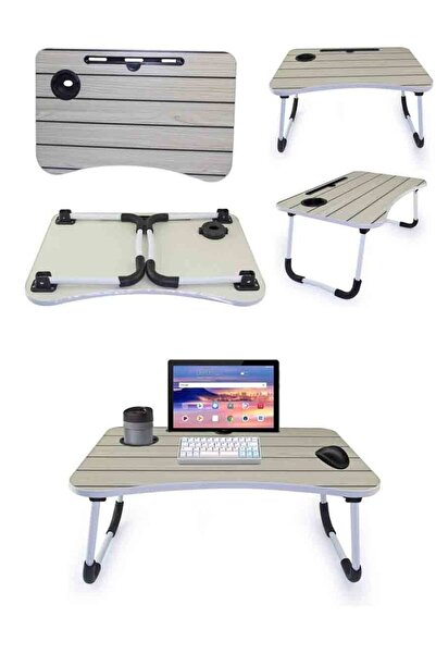 Generic طاولة كمبيوتر محمول قابلة للطي بخطوط سوداء، لون بيج، مع حامل أكواب وج...