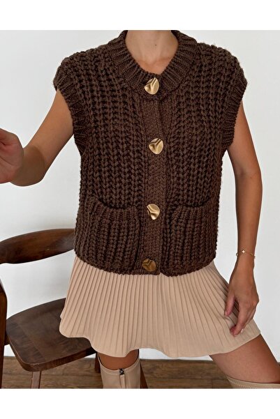 yeditepe fashion Gold Düğmeli Cepli Bellor Triko Yelek Kahve