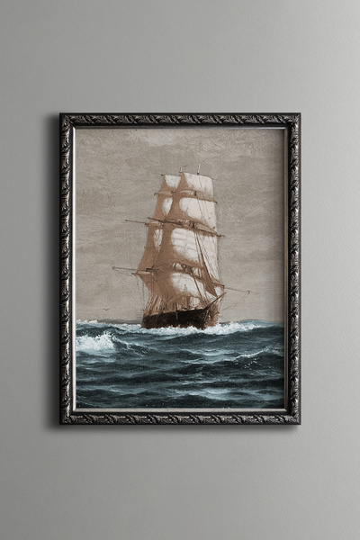 epiqart Maine Kıyılarında Yelkenli Gemi - Vintage Desenli Çerçeve