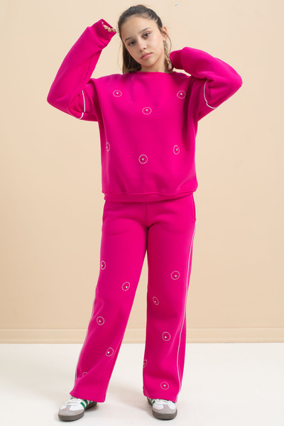 Cansın Mini Fuchsia Sequin Embroidered Hooded Girl's 2-Piece Tracksuit Set 21426