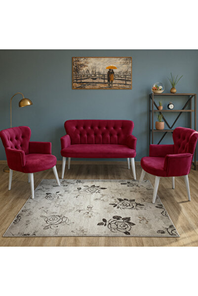 Azra Mobilya Bordo Babyface Kumaş Çay Seti Koltuk Takımı – 2 Berjer + 1 İkili...