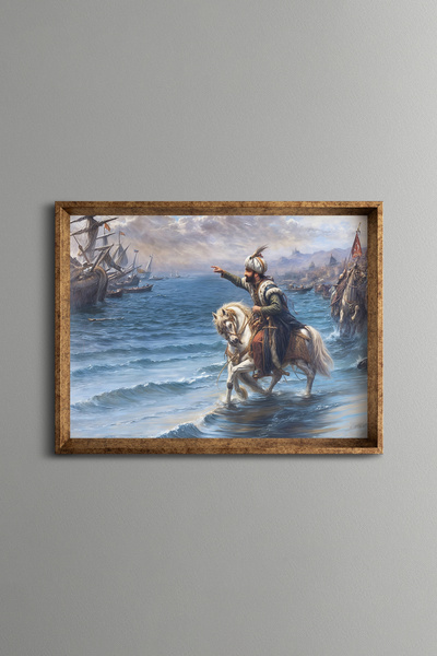 epiqart Fatih Sultan Mehmet Atını Denize Sürerken - Vintage Desenli Çerçeve