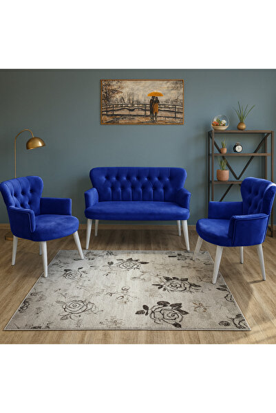 Azra Mobilya Lacivert Babyface Kumaş Çay Seti Koltuk Takımı – 2 Berjer + 1 İkili, Modern, Beyaz Ayak