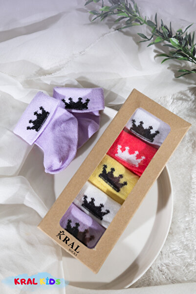 KRAL SOCKS Baby Girl Socks Set 5 Pairs – Crown Patterned – Boxed – Booties Size – Cotton