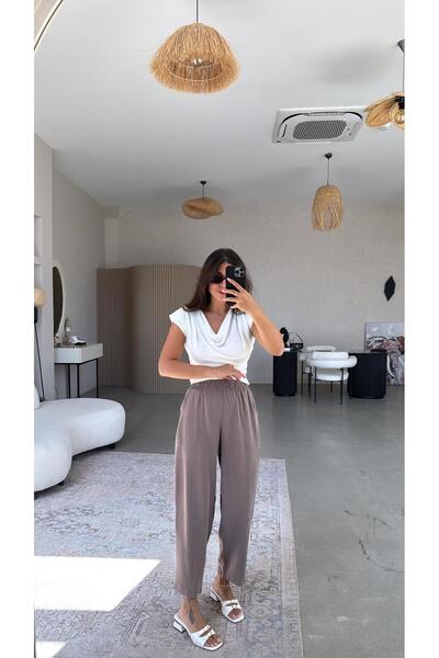 Buket Teke Mink Washed Fabric Trousers with Elastic Waist