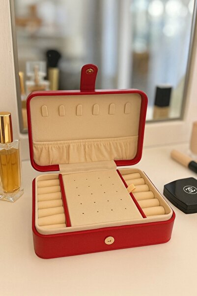 Evistro Deri Baklava Desenli Seyahat Takı Bijuteri Mücevher Kutusu Organizer Düzenleyici 16cm Kırmızı İthal