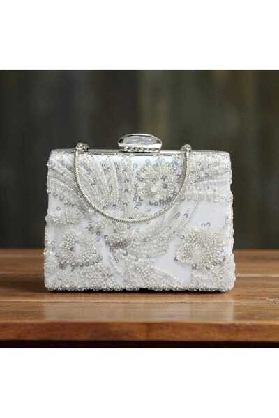 Telli Art Evening Dress Bridal Bag – White, Pearl and Sequin Embroidered, Chain
