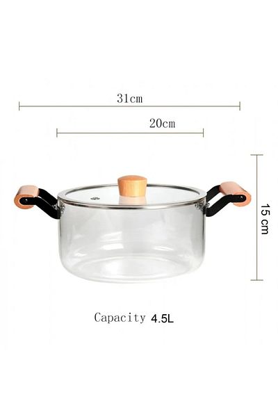 rexa Clear Heat-Resistant Glass Pot with Lid and Wooden Handle -4.5L