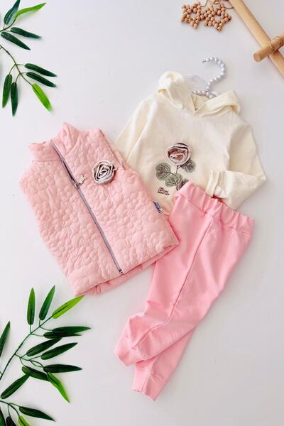 Minigimin Cicileri Baby Girl's 3-Piece Set with Rose Detail and Inflatable Vest - Pink