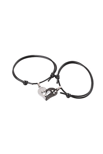 OEM Set 2 bratari reglabile cu pandantiv inima, culoare neagra