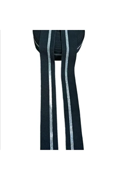 ŞENEL DAR DOKUMA 4cm Black-White Silver Striped Woven Rubber-Waist Leg Skirt Flat Rubber-Elastic Band / 1Meter