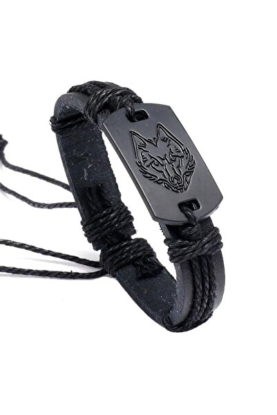 OEM Bratara barbati cu pandantiv lup din piele ecologica neagra