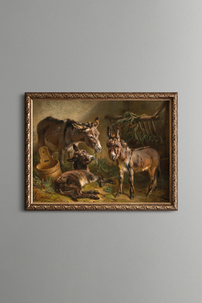 epiqart Donkeys in the Stable - Vintage Patterned Frame