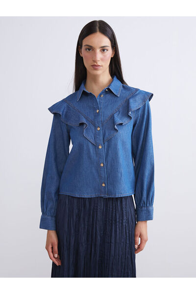 LC Waikiki Indigo ruffled women's jean shirt