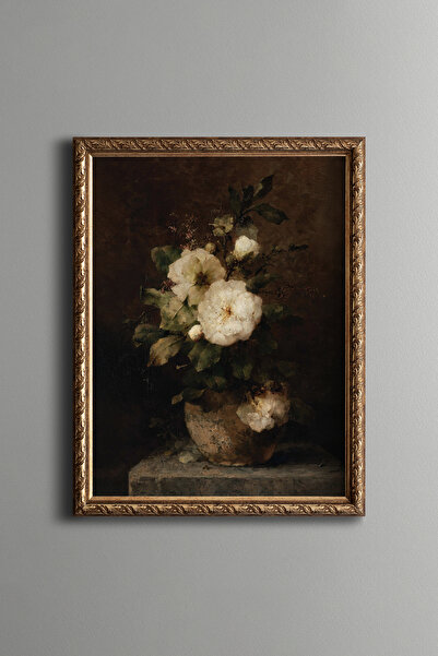 epiqart Beyaz Güllerle Natürmort - Vintage Desenli Çerçeve