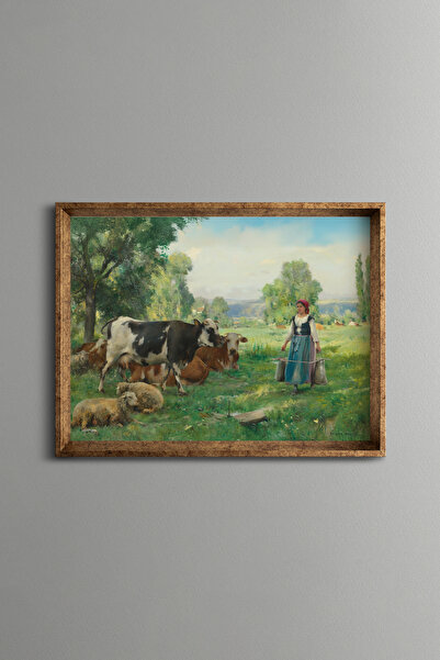 epiqart Çoban Kız ve Sürüsü - Vintage Desenli Çerçeve