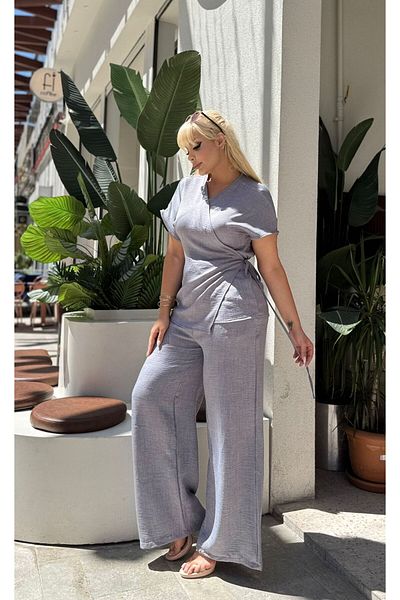 LİKRA Women's Large Size Double Breasted Detail Woven Sofia Linen Suit