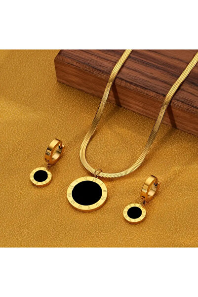 Kaw Gold Renk, Yuvarlak Tasarım Paslanmaz Çelik Küpe Kolye Seti