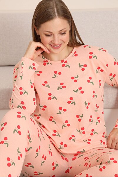 STELLAPİNK BATTAL UZUN KOLLU KİRAZ BASKILI PİJAMA TAKIMI -TURUNCU