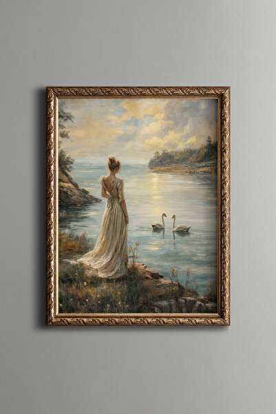 epiqart Kadın ve Kuğular - Vintage Desenli Çerçeve