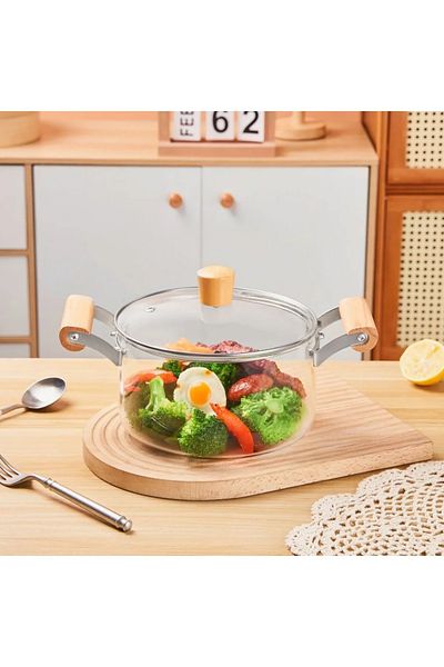 rexa Clear Heat-Resistant Glass Pot with Lid and Wooden Handle -2.5L