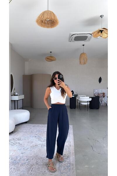 Buket Teke Navy Blue Washed Fabric Trousers with Elastic Waist