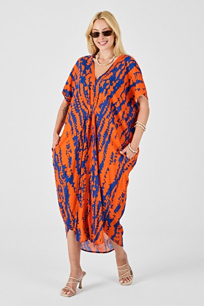VAGGON Γυναικείο φόρεμα καφτάν με πορτοκαλί σχέδιο με λαιμόκοψη σε σχήμα V Vs00829