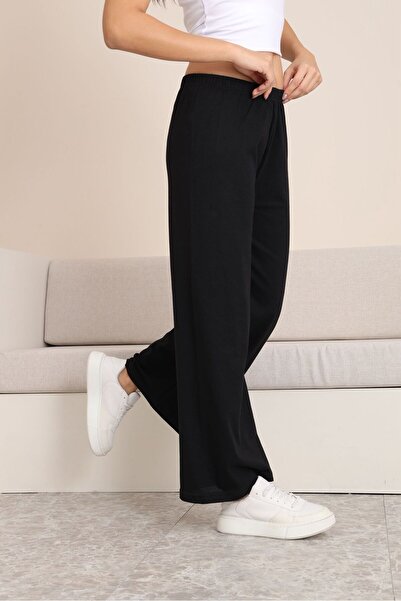 STELLAPİNK GENİŞ PAÇA LASTİK BEL OVERSİZE CEPSİZ BİLEK BOY PİJAMA EŞOFMAN ALTI - SİYAH