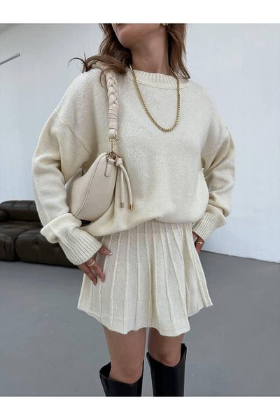 NZL TEKSTİL Dgn's Patchwork Mini Skirt Turtleneck Sweater Women's Bottom-Up Knitwear Set